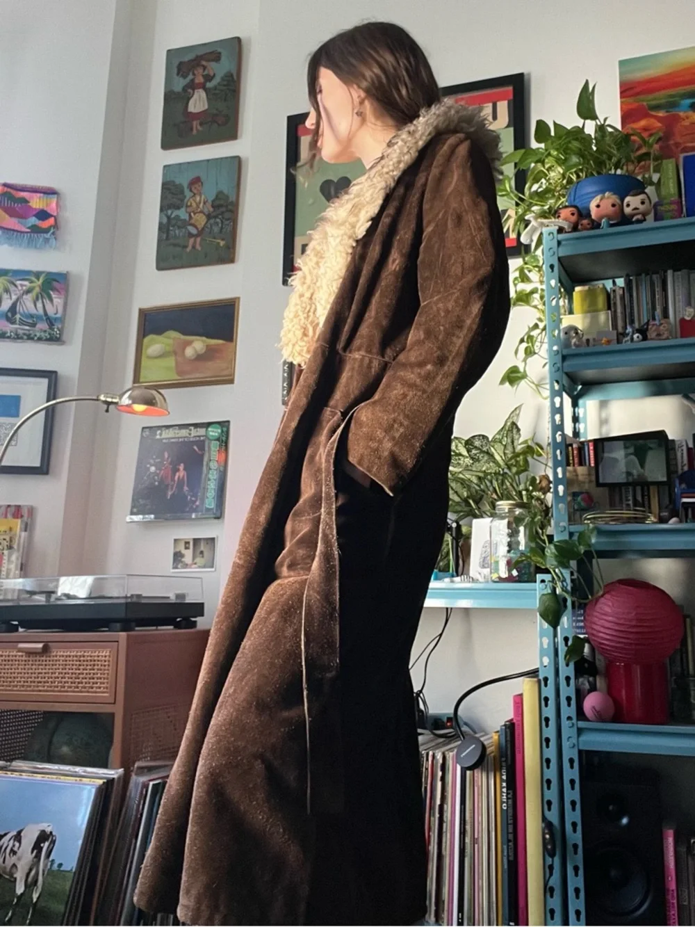 60s Brown Suede Long Trench with Shearling Collar and Fur Lining - Picture 3 of 8